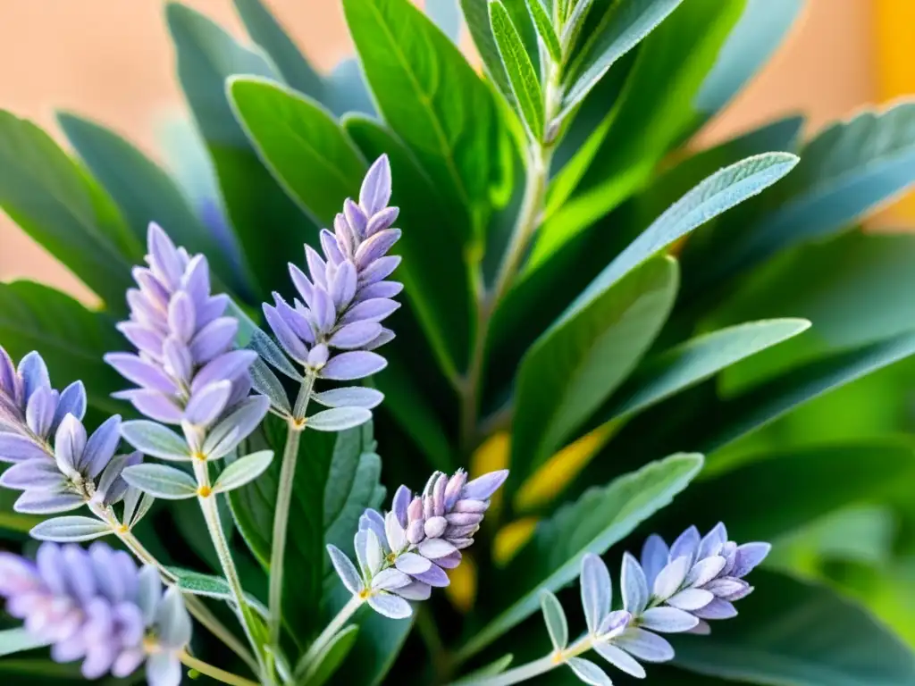 Imagen detallada de hierbas vibrantes como lavanda, menta y romero en un jardín cuidadosamente cultivado