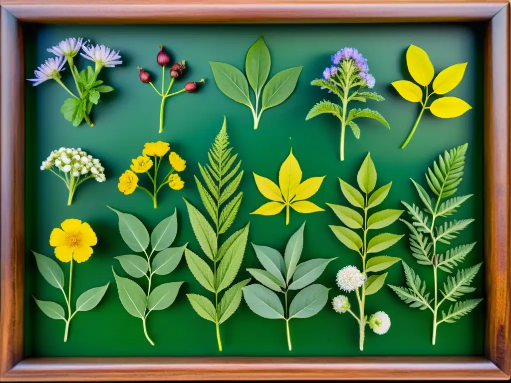 Una imagen detallada de plantas medicinales en una mesa de madera, con etiquetas científicas