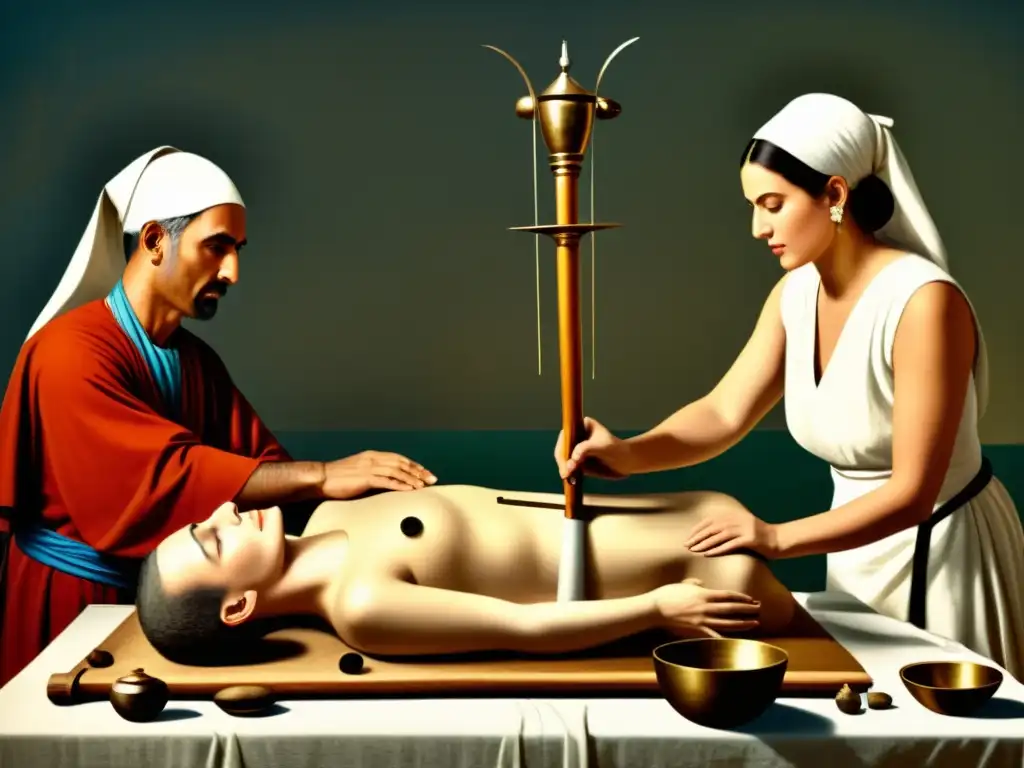 Imagen detallada de una trepanación realizada por sanadores antiguos, mostrando herramientas y símbolos culturales