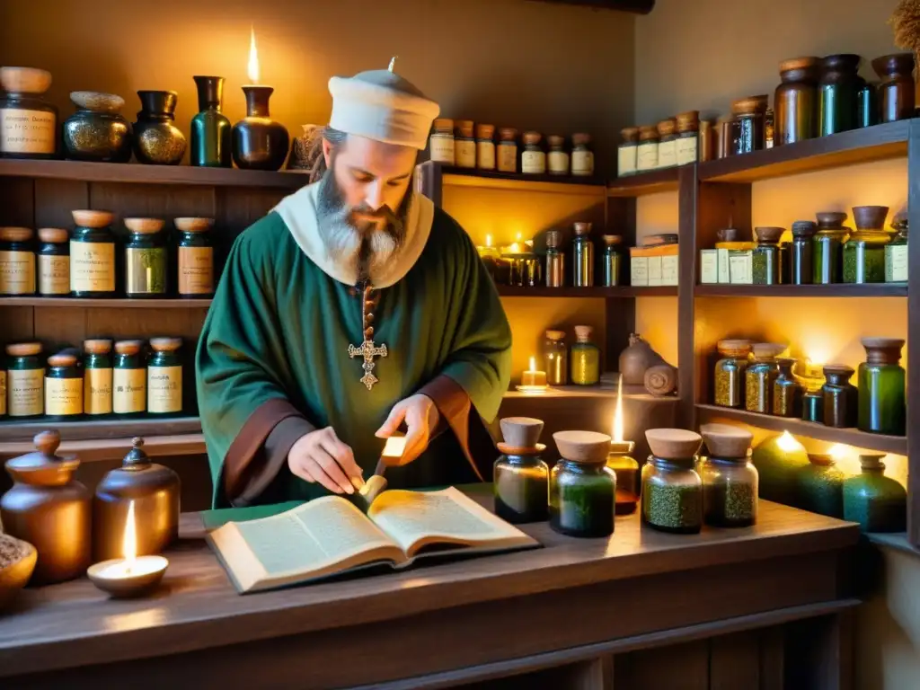 En la imagen se muestra una detallada tienda de boticario medieval, con estantes llenos de frascos de hierbas secas y pociones etiquetadas, un mostrador de madera con mortero y mano, y una figura erudita examinando un gran libro de remedios herbales bajo la cálida luz de las