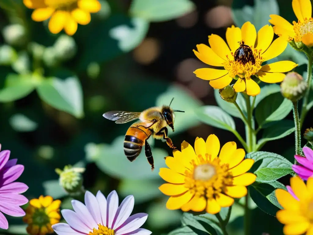 Imagen detallada de un jardín vibrante con flores diversas y una abeja recolectando polen, destacando el rol de las abejas en medicina tradicional