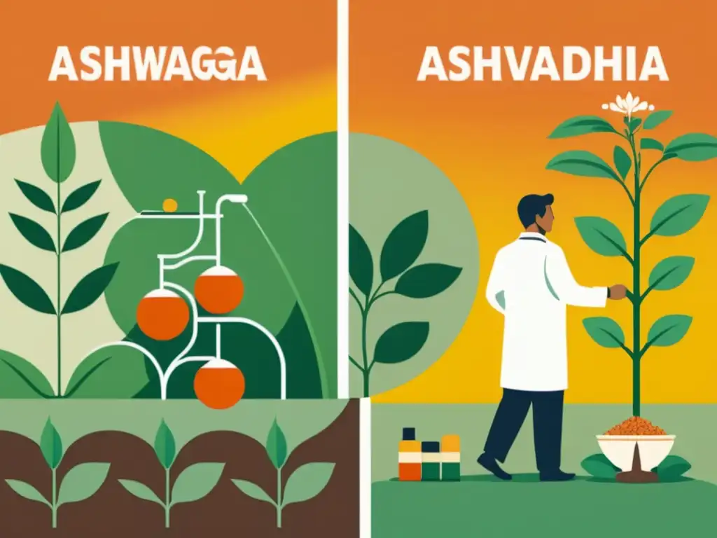 Imagen dividida: cosecha tradicional de Ashwagandha en jardín exuberante y extracción científica en laboratorio