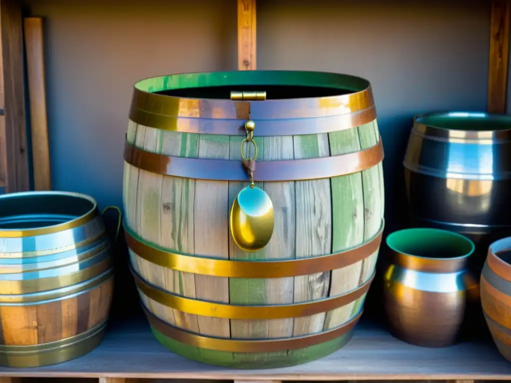 Una imagen evocadora de un barril de madera vintage con detalles tallados, rodeado de herramientas de fermentación antiguas