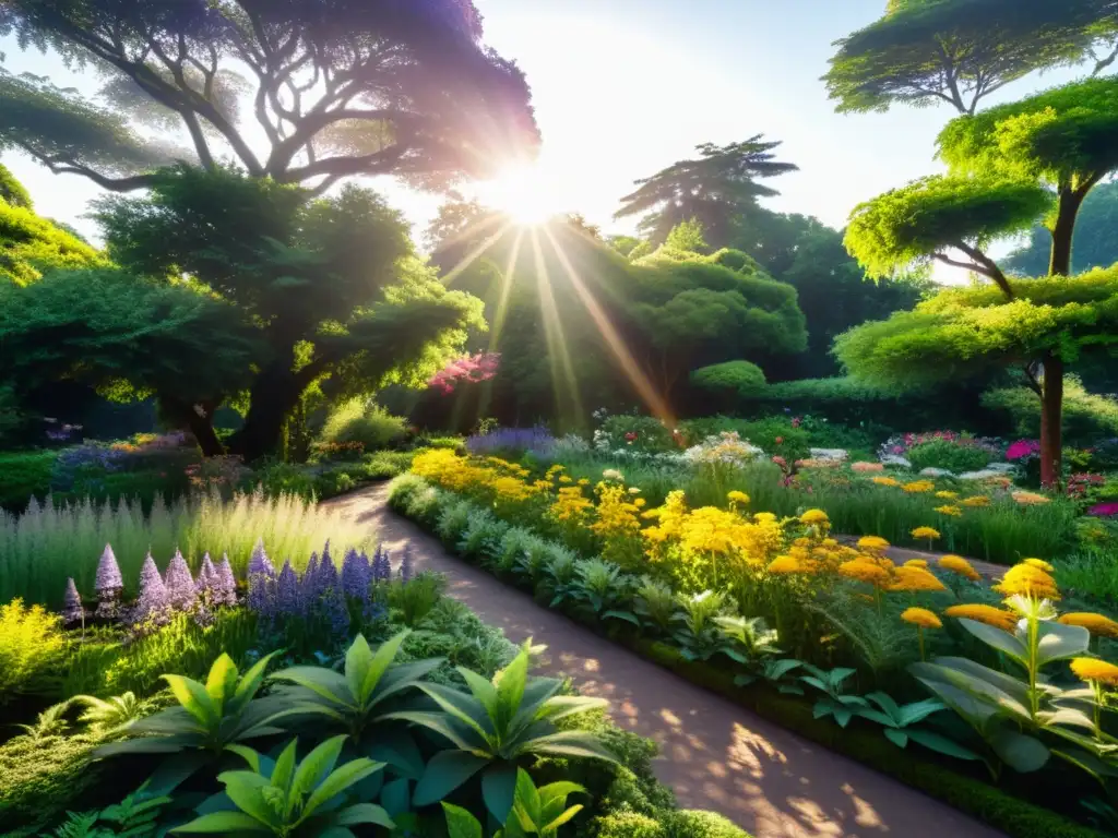 Imagen de un exuberante jardín botánico lleno de plantas medicinales, con una energía serena y abundancia natural