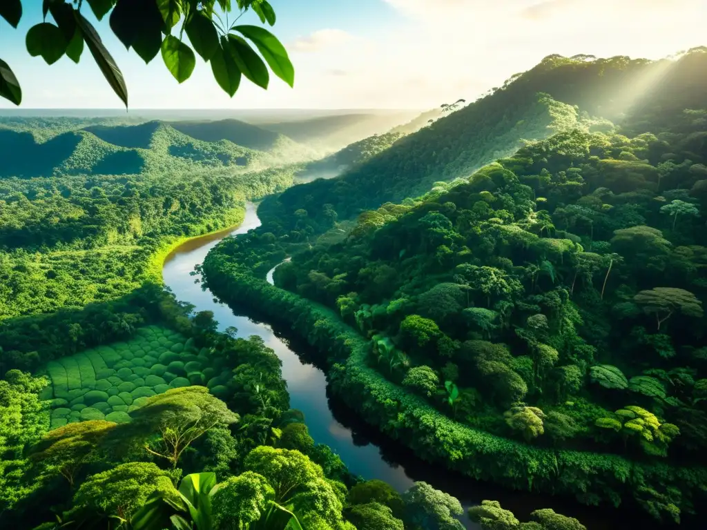 Imagen de la exuberante selva del Amazonas, con árboles altos, plantas vibrantes y un río serpenteante