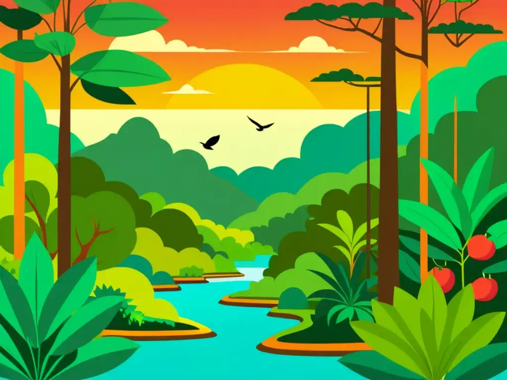 Imagen de la exuberante selva amazónica con flora y fauna vibrante, río sereno y alimentos curativos medicina indígena Amazonas