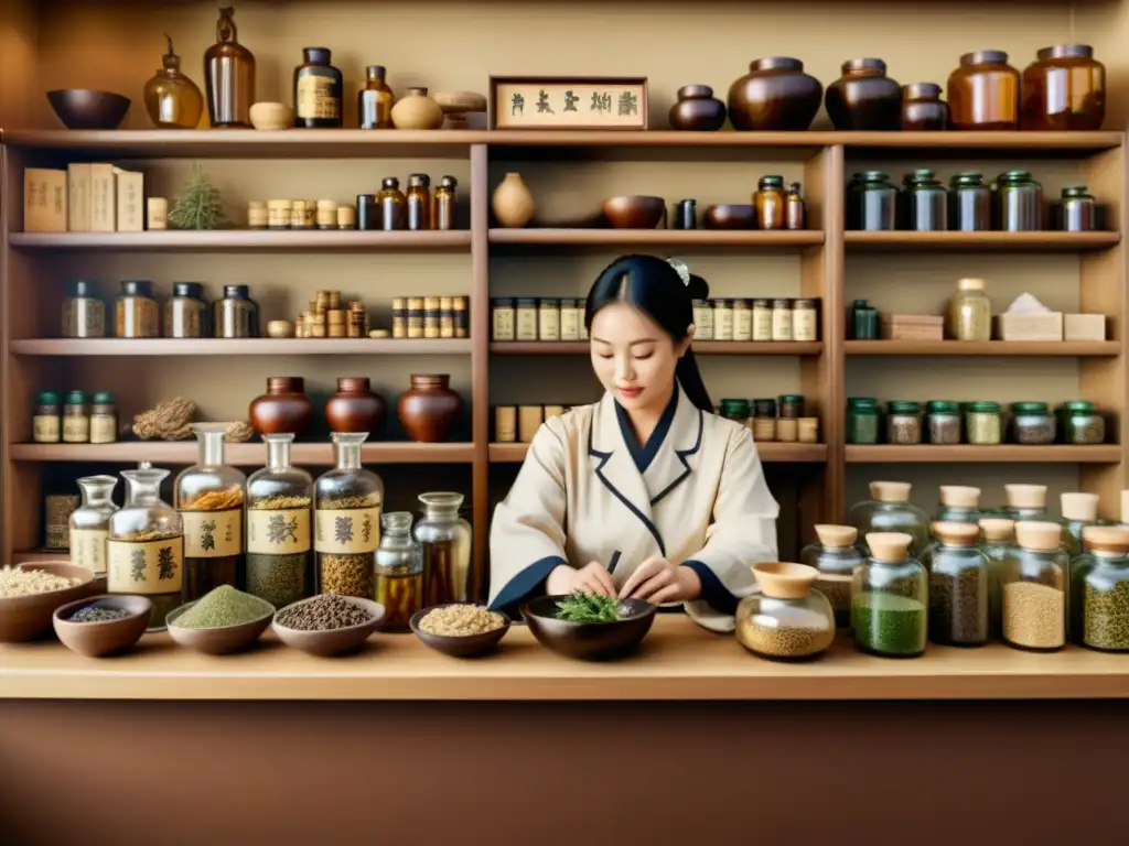 Imagen de una ilustración vintage de una farmacia china tradicional con hierbas, raíces y una herbolista preparando remedios