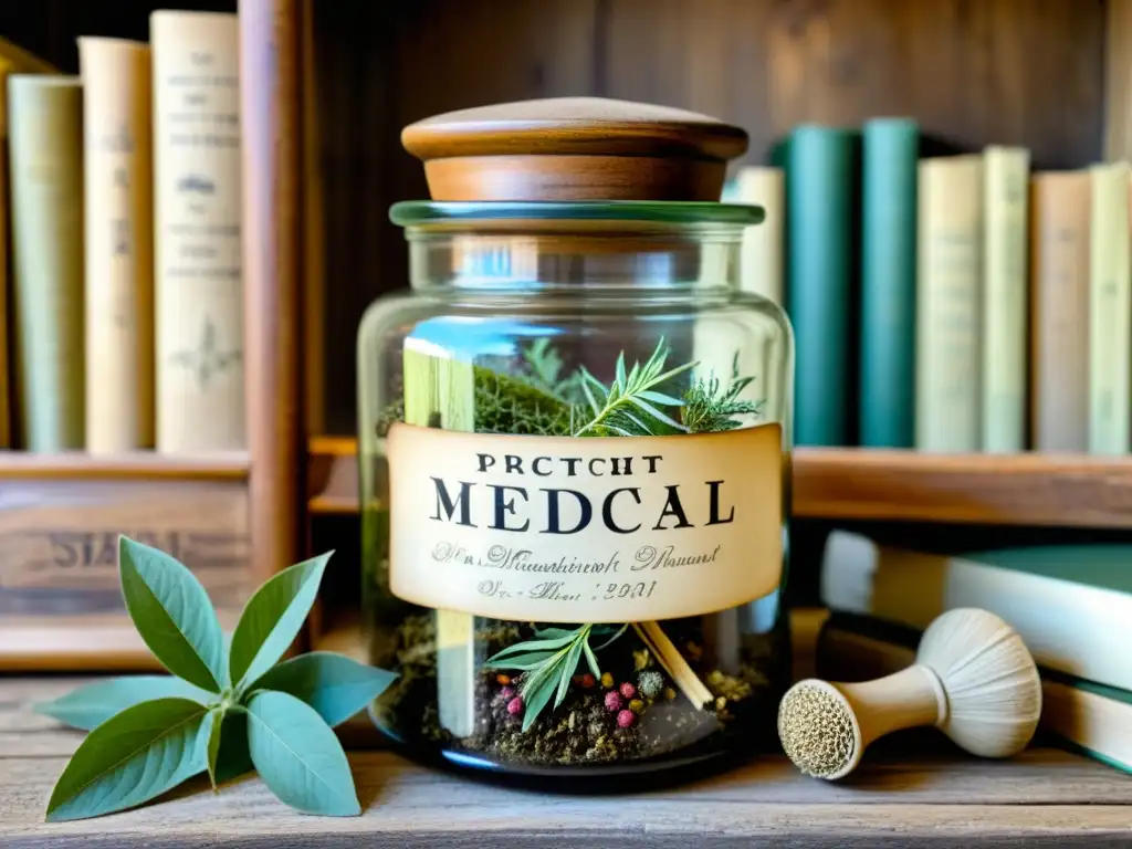 Imagen de frasco vintage con plantas medicinales coloridas y etiquetas detalladas, rodeado de libros antiguos y mortero