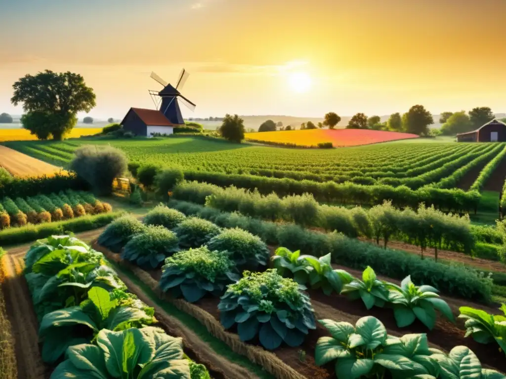 Imagen de una granja agroecológica diversa con plantas medicinales, árboles frutales y hortalizas, bañada por la cálida luz del sol