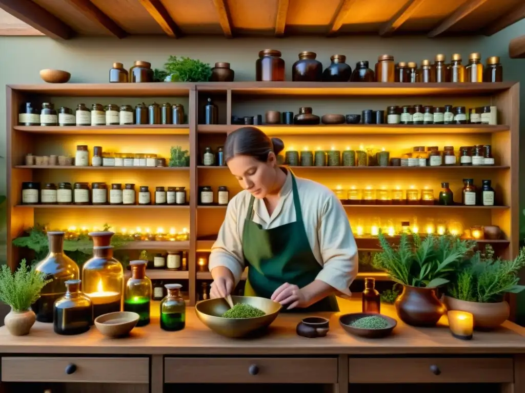 La imagen muestra a un herborista preparando medicina en un antiguo boticario iluminado por velas