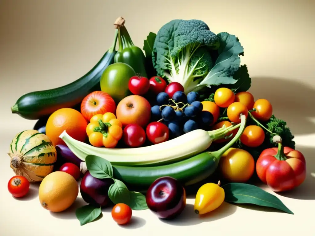 Imagen de una hermosa y abundante cornucopia vintage llena de frutas y verduras coloridas, evocando salud y beneficios de vitaminas y minerales