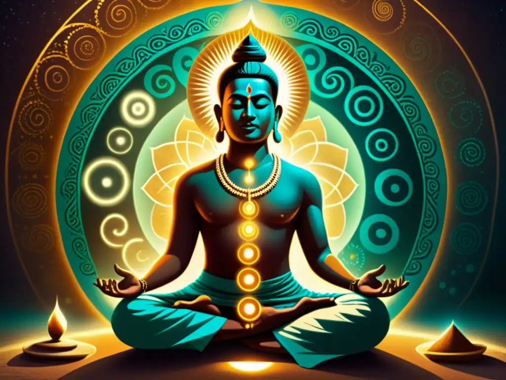 Sanador hindú en meditación, con instrumento sagrado Imagen de un hombre hindú sentado en postura meditativa, rodeado de símbolos y patrones, sosteniendo un instrumento de sonido curativo