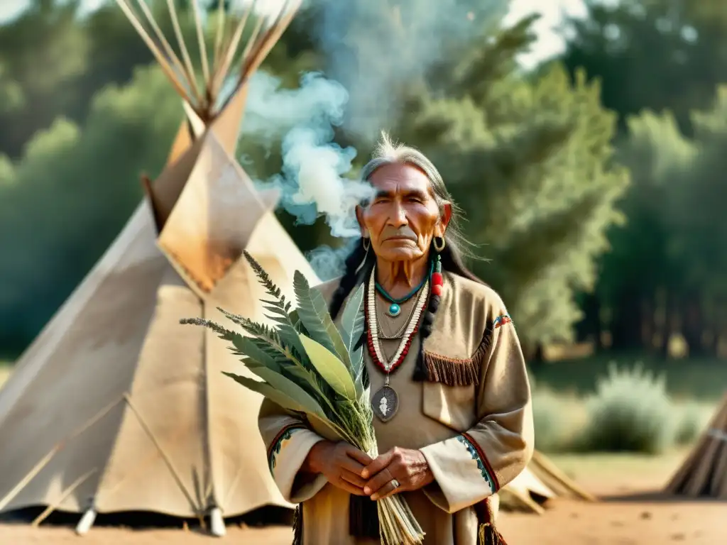 Imagen de un hombre medicina nativo americano con hierbas y humo, evocando la conexión a la medicina tradicional nativa americana