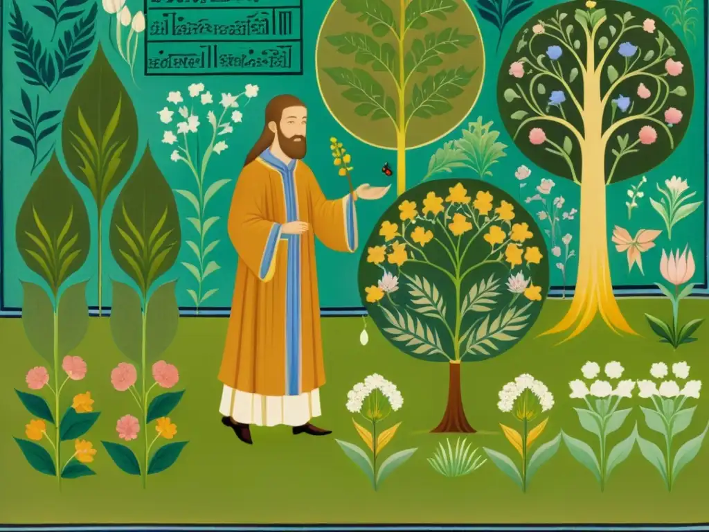 Imagen de una ilustración detallada de un herborista medieval europeo recogiendo plantas en un exuberante jardín