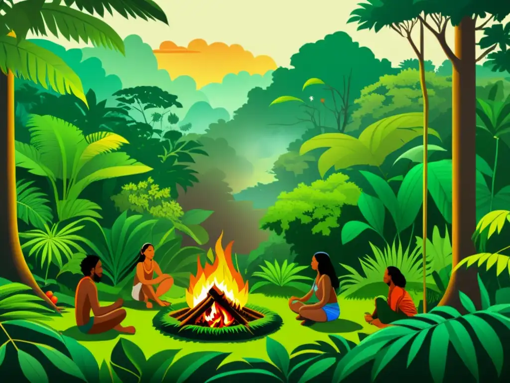 Imagen impactante de la convención de diversidad biológica y medicina ancestral en una exuberante selva tropical, con indígenas realizando prácticas tradicionales alrededor de un fuego