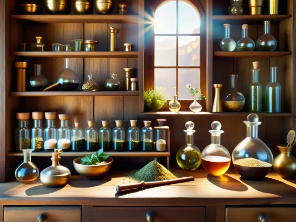 Imagen de un laboratorio alquímico vintage con equipos alquimia herbal casera, bañado en cálida luz dorada y misteriosa atmósfera ancestral