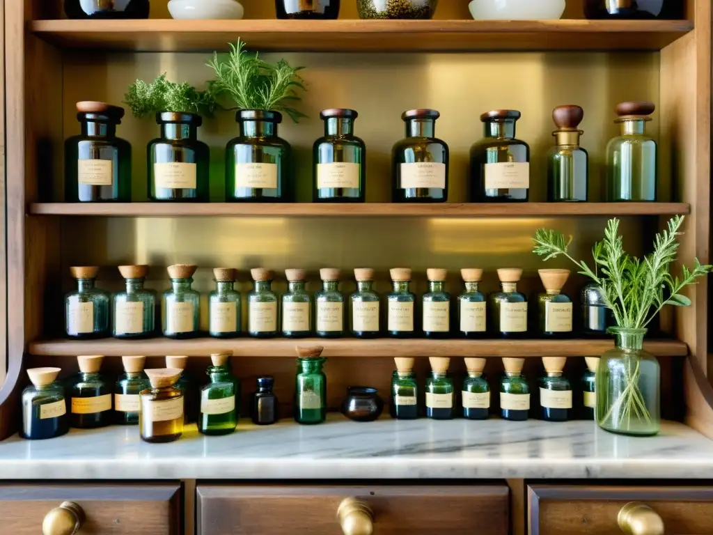 Imagen de laboratorio de botica vintage con hierbas, botellas de vidrio, mortero y etiquetas escritas a mano