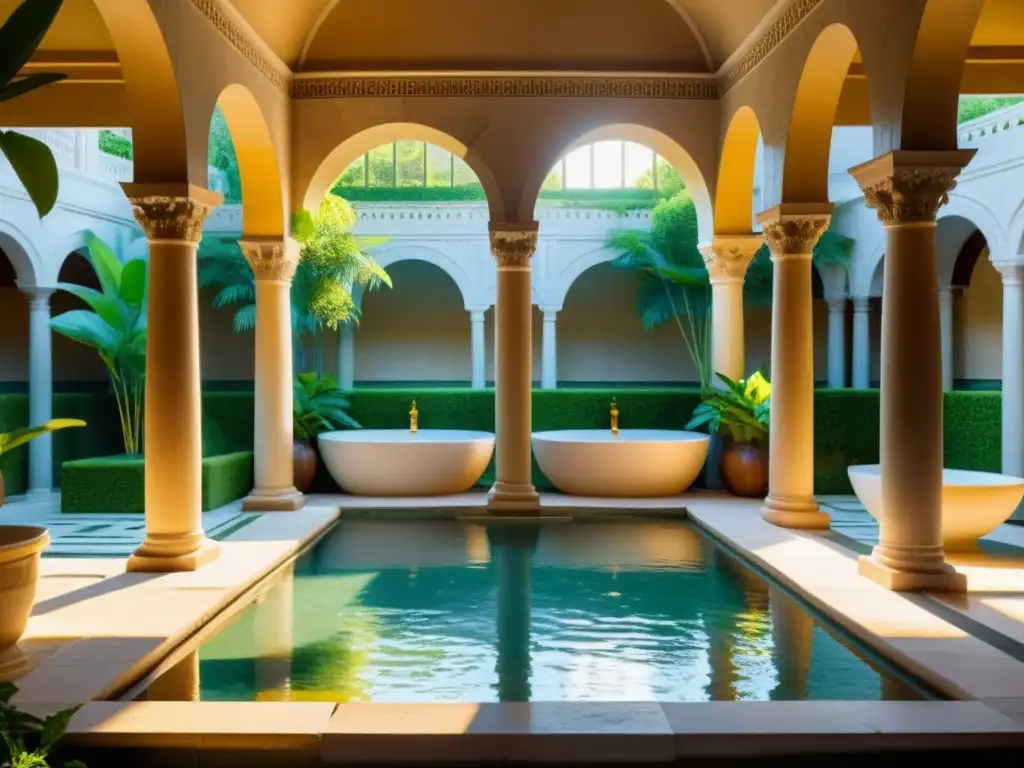 Imagen de un lujoso balneario romano con columnas de mármol, suelos de mosaico y piscina soleada, evocando spas históricos para relajación