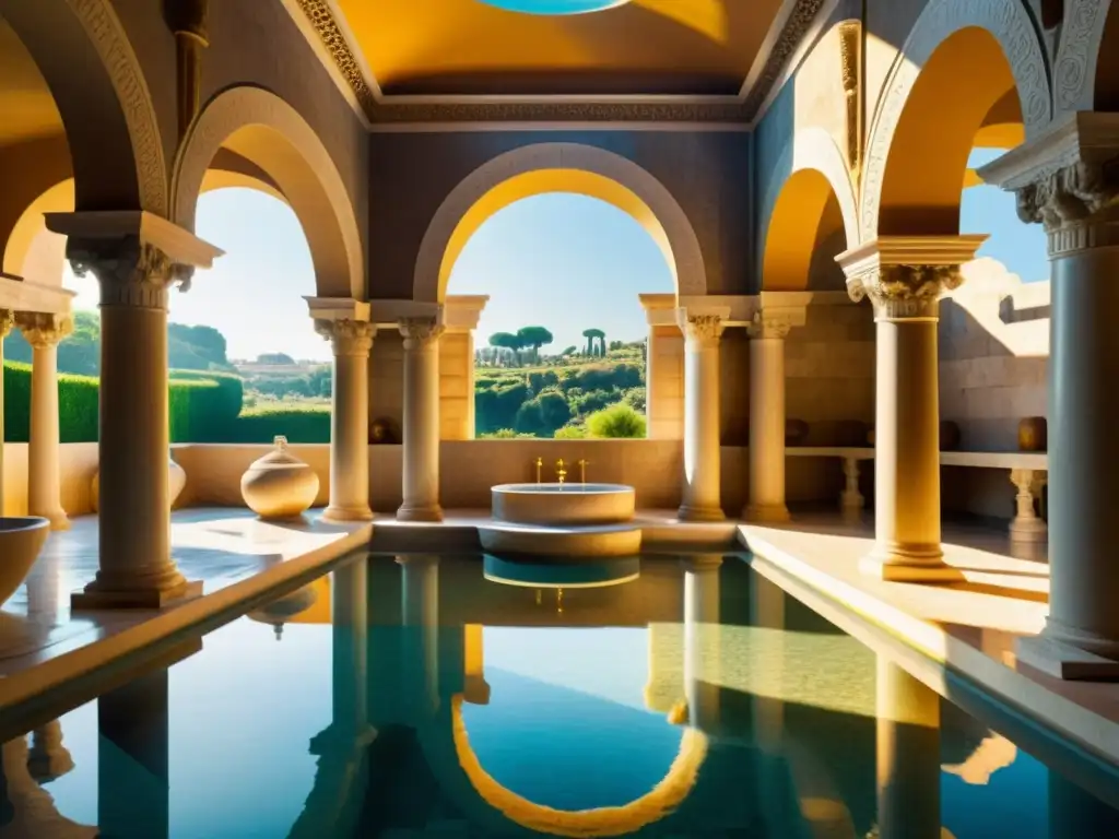 Imagen de un lujoso balneario romano con columnas de mármol, arcos y una red de acueductos