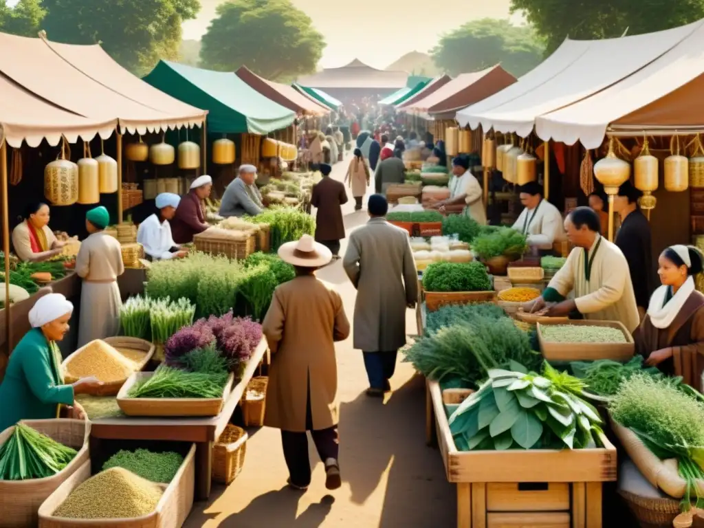Imagen de mercado de medicina tradicional con hierbas medicinales, colores vibrantes y diversidad cultural en tonos cálidos vintage