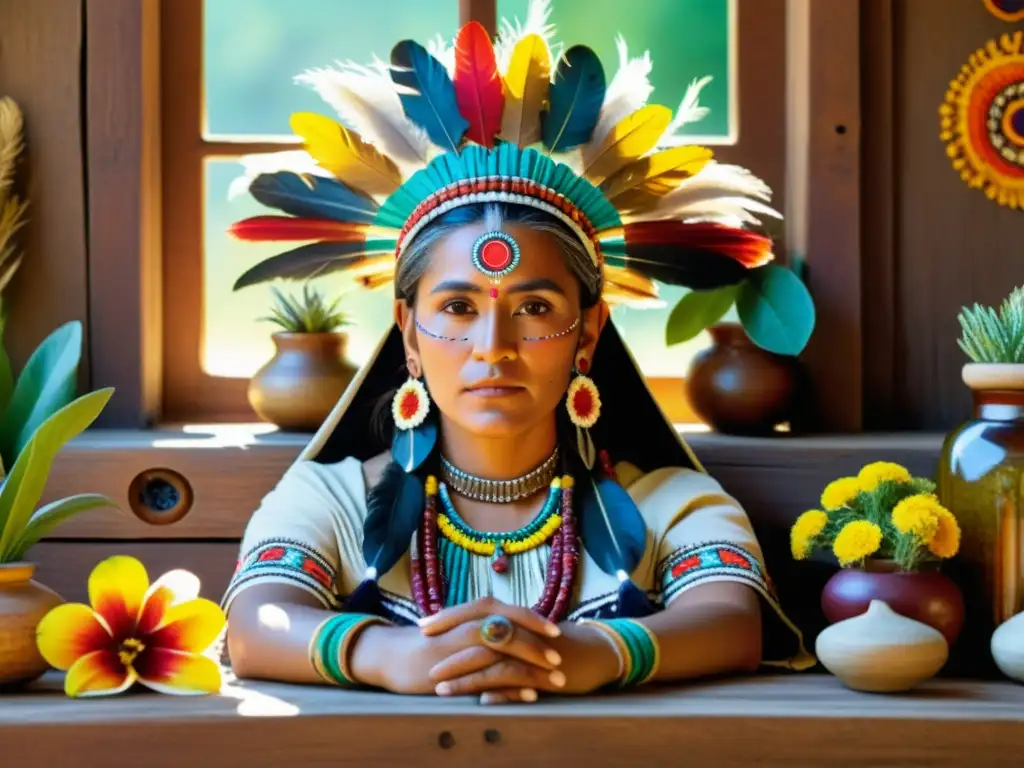 Imagen de una mujer de la herbolaria prehispánica rodeada de plantas medicinales en una escena llena de sabiduría ancestral y color