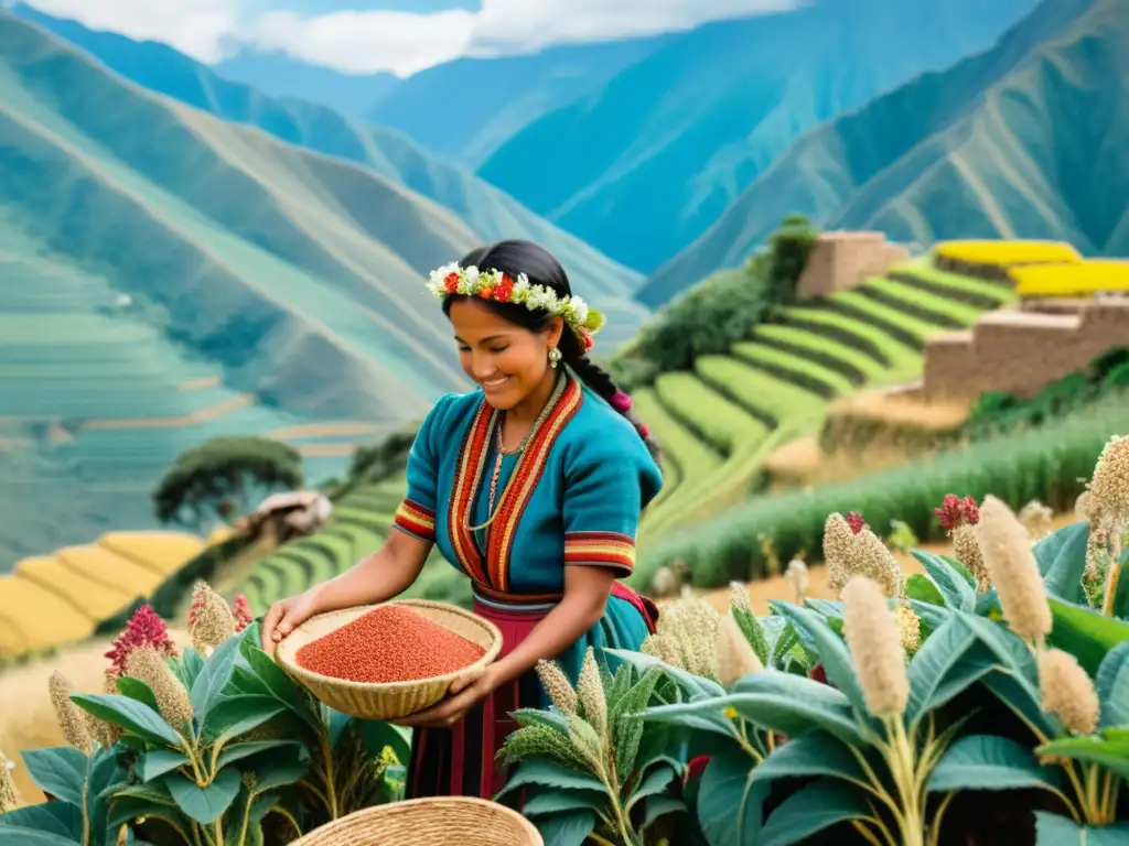 Imagen de mujeres incas cosechando quinua en los Andes, con vestimenta tradicional colorida y cestas tejidas, rodeadas de campos verdes y cielo azul