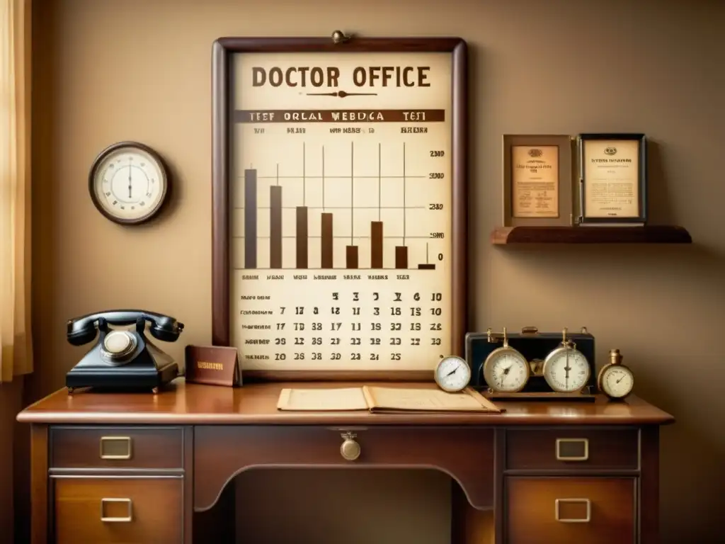 Imagen nostálgica de una consulta médica antigua, con equipos de visión y libros médicos antiguos, iluminación cálida