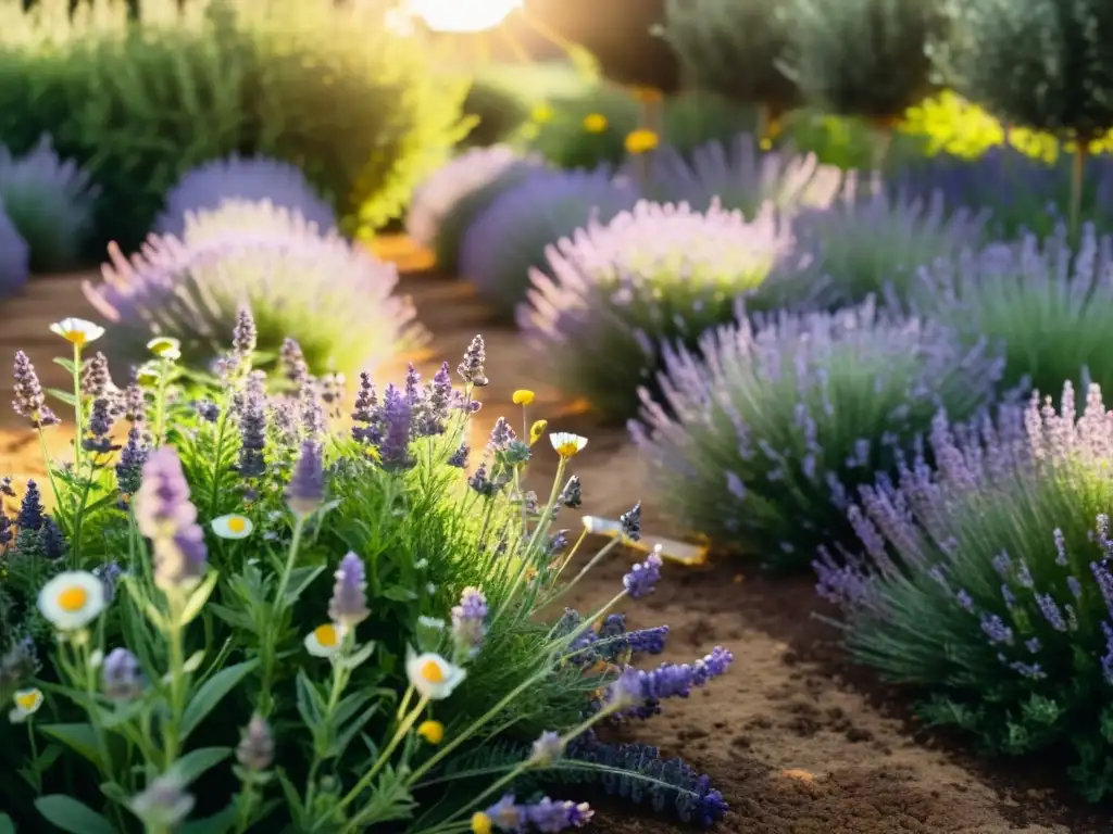 Imagen nostálgica de un jardín de hierbas bañado por el sol, con filas de lavanda, romero y manzanilla