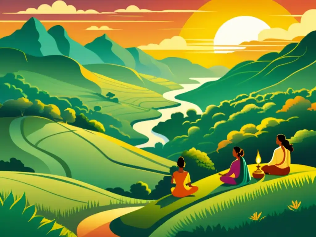 Paisaje sereno de la India: ceremonia de curación Ayurveda Imagen de un paisaje indio sereno con colinas, ríos y una ceremonia ayurvédica tradicional, evocando la Perspectiva Ayurvédica sobre la muerte