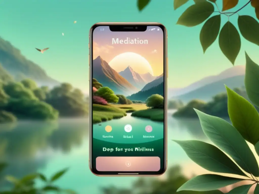 Una imagen 8k de una pantalla de teléfono móvil con una escena natural serena y una app de meditación