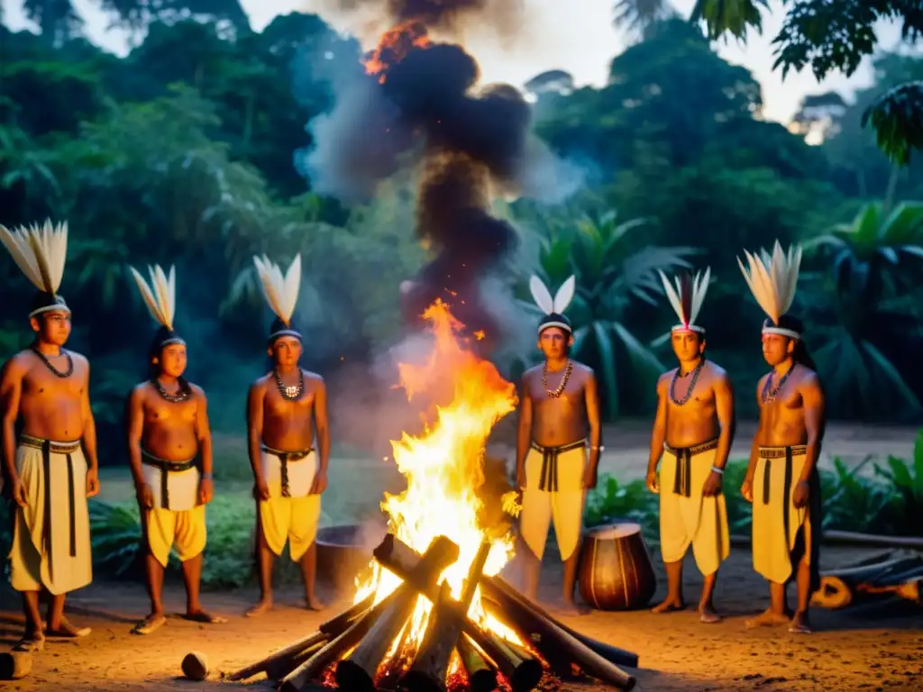 Imagen de ritual indígena alrededor del fuego, en la selva, con música y danza