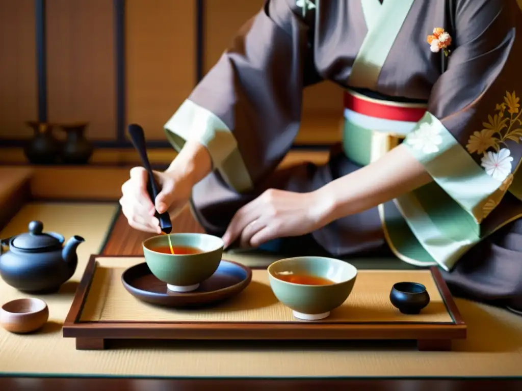 Imagen de un ritual japonés del té, con movimientos delicados y atmósfera serena