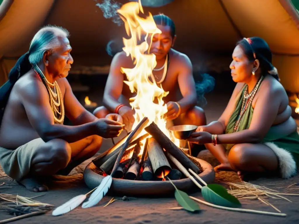 Imagen de ritual de sanación ancestral con grupo indígena alrededor del fuego