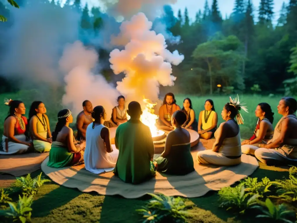 Imagen de sanación espiritual en la selva con chamán y comunidad indígena