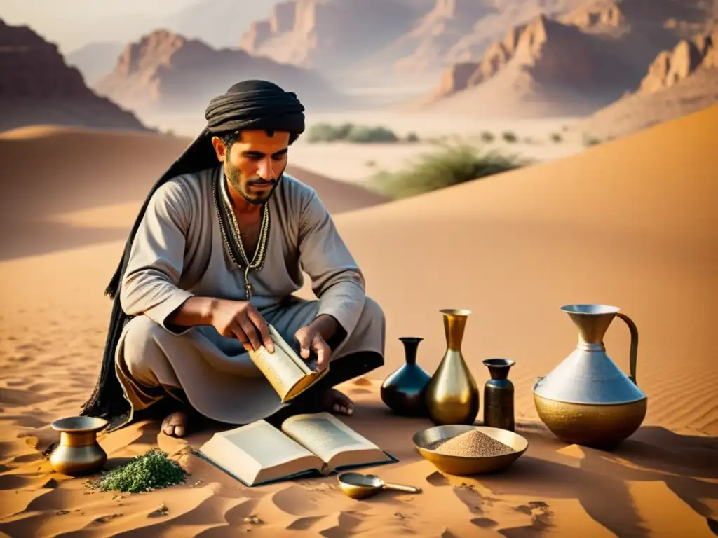 Imagen de un sanador beduino en el desierto preparando una medicina herbal, evocando las prácticas médicas beduinas tradicionales