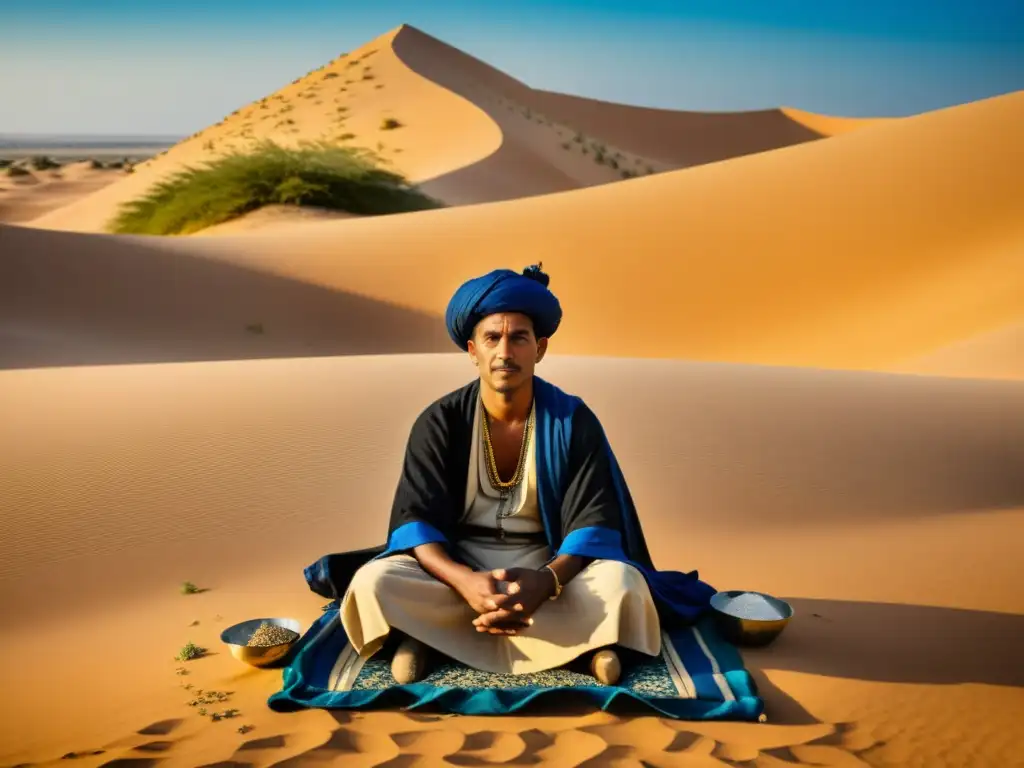 Imagen de un sanador beduino rodeado de plantas secas y medicina tradicional beduina técnicas en el desierto, evocando sabiduría ancestral