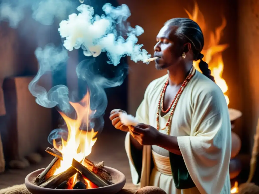 Imagen sepia de un sanador realizando un ritual de purificación y transformación, rodeado de humo y fuego