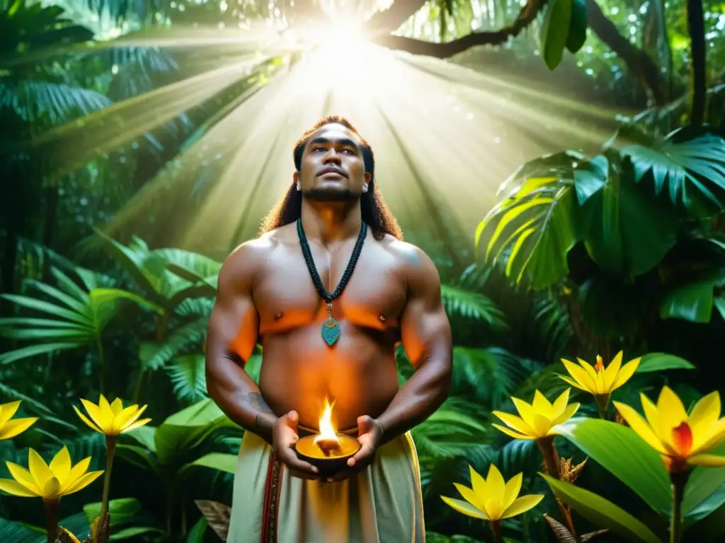 Imagen 8k de una sanadora samoa realizando un ritual medicinal en un exuberante bosque tropical