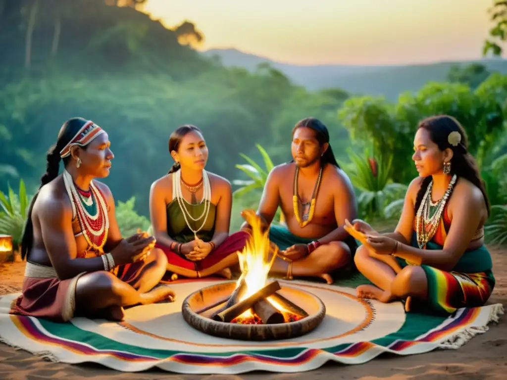 Imagen de sanadores indígenas realizando ceremonia de medicina sonora, rodeados de naturaleza exuberante y textiles tradicionales coloridos