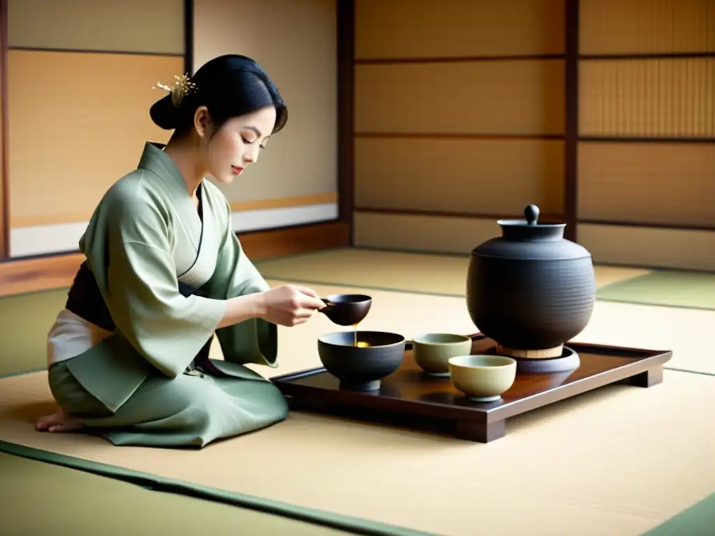 Imagen serena de la Ceremonia del Té, con práctica mindfulness y sanación, en una habitación tatami tradicional japonesa