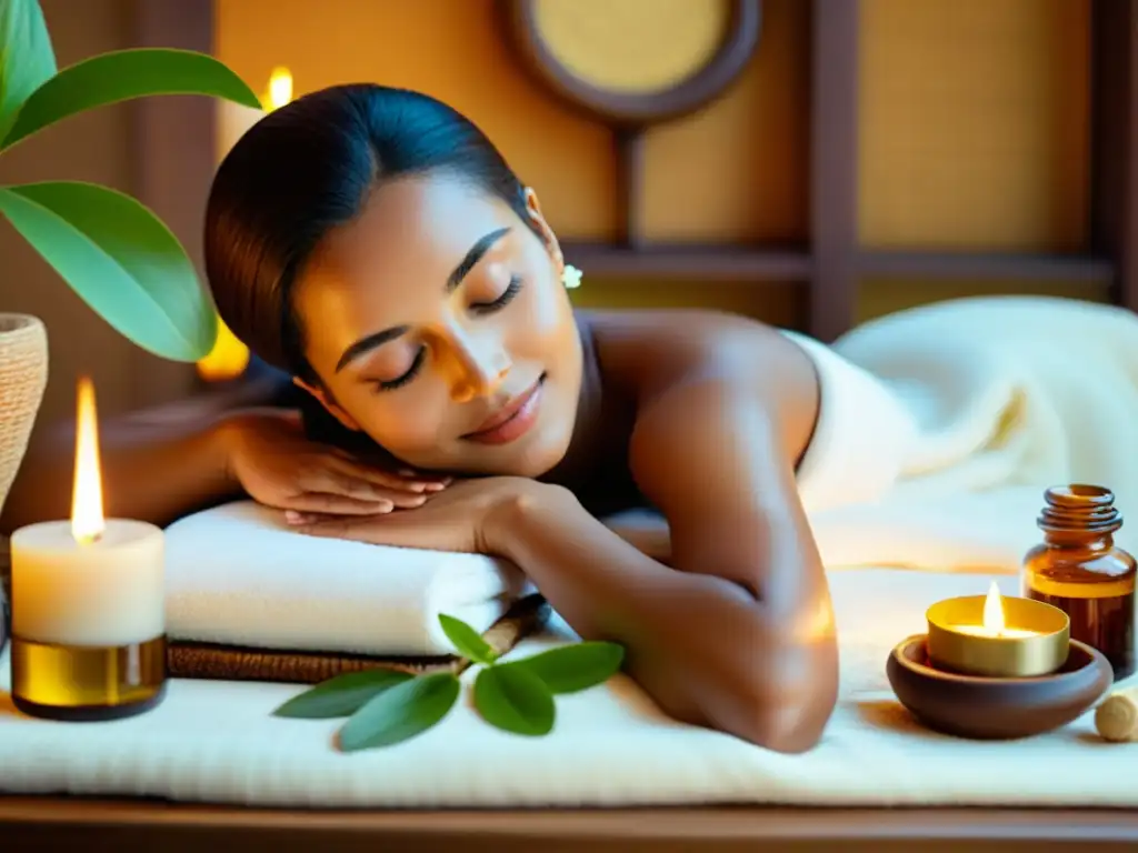 Imagen 8k de spa Ayurveda con mujer recibiendo tratamiento facial rodeada de hierbas y aceites