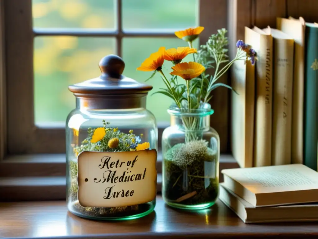 En la imagen se ve un tarro vintage de fitoterapia ancestral: ciencia y remedios, rodeado de libros antiguos sobre medicina herbal