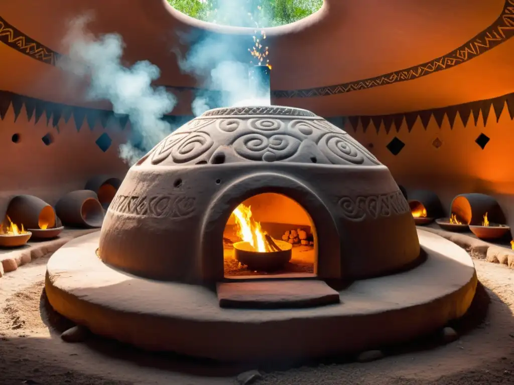 Imagen de un temazcal ancestral, con vapor y fuego, evocando rituales de purificación ancestral en Mesoamérica