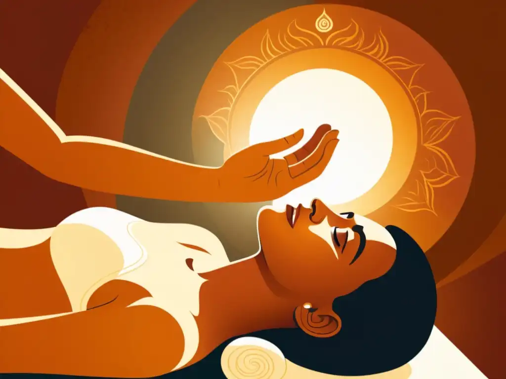 Imagen de ilustración vintage de Terapia de Polaridad en Ayurveda, con detalles intrincados y atmósfera tranquila y sanadora