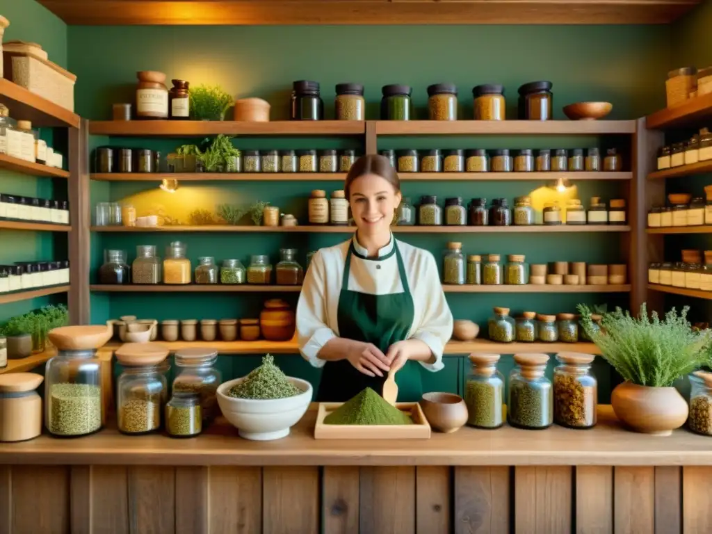 Imagen de tienda de hierbas medicinales histórica con un boticario seleccionando plantas medicinales en la historia