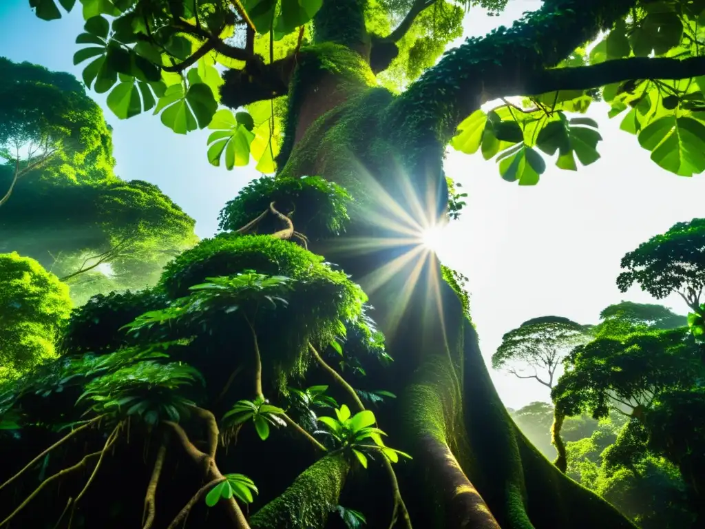 Imagen vintage de un árbol Sangre de Grado en la selva amazónica, con hojas verdes vibrantes iluminadas por el sol