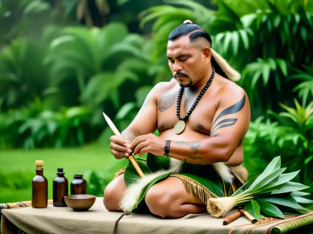 Imagen vintage de curandero Maorí realizando ritual de sanación con plantas y herramientas tradicionales en Nueva Zelanda