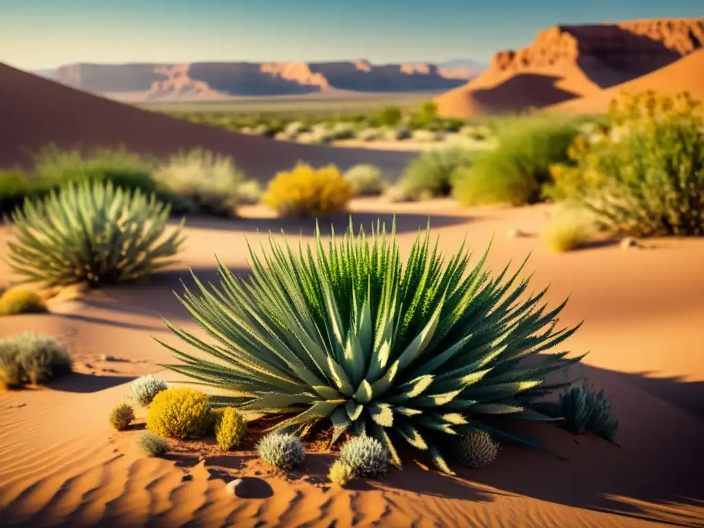 Una imagen vintage de hierbas medicinales en un paisaje árido, resaltando su belleza y resiliencia