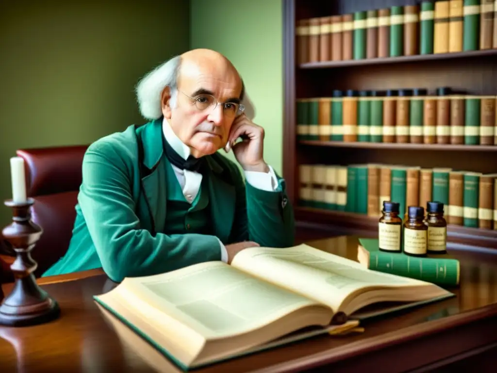 Imagen vintage de Samuel Hahnemann inmerso en el estudio de la homeopatía tradicional versus evidencia científica