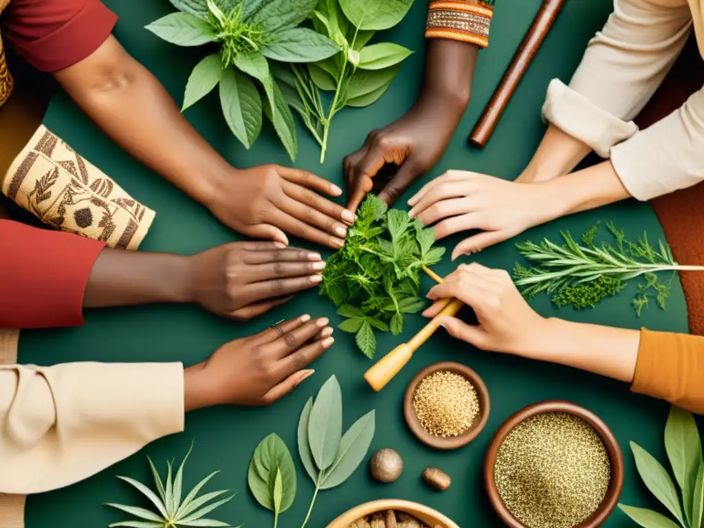 Imagen vintage de integración de medicina tradicional de diversas culturas, resaltando la diversidad y la colaboración